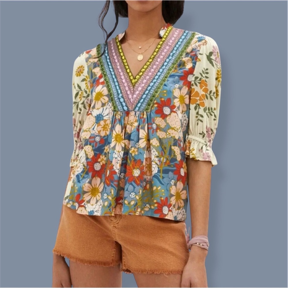 Anthropologie Floral V-Neck Peasant Blouse in Blue, Cream, Red